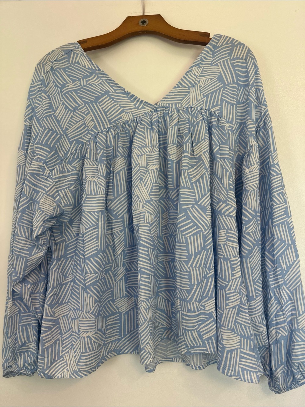 Women's Light Blue Printed V-Neck Blouse with Gathered Front